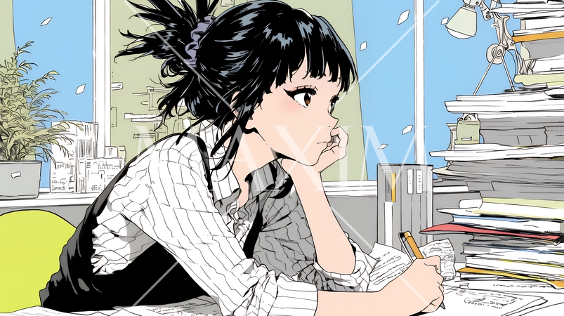 山積みの資料を基に企画を練っている若い女性