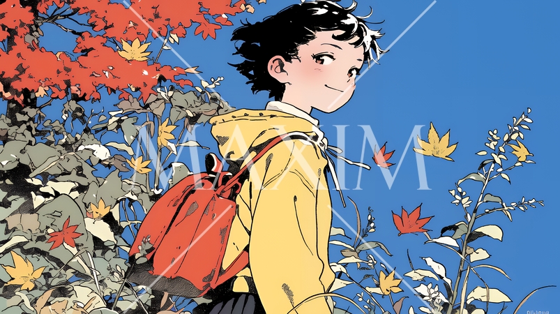 紅葉の小径を歩く少女