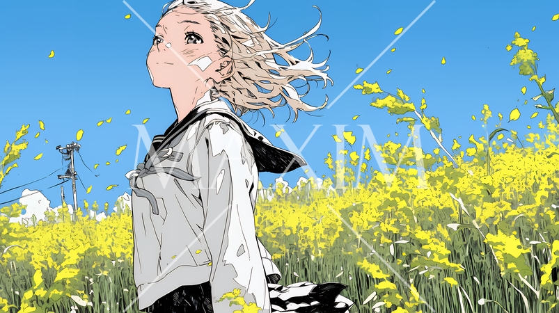 春風の中、菜の花畑にいる制服姿の女子高生