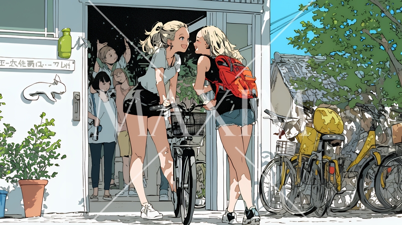 道端で会話を楽しむ若い主婦たち（ママ友たち）