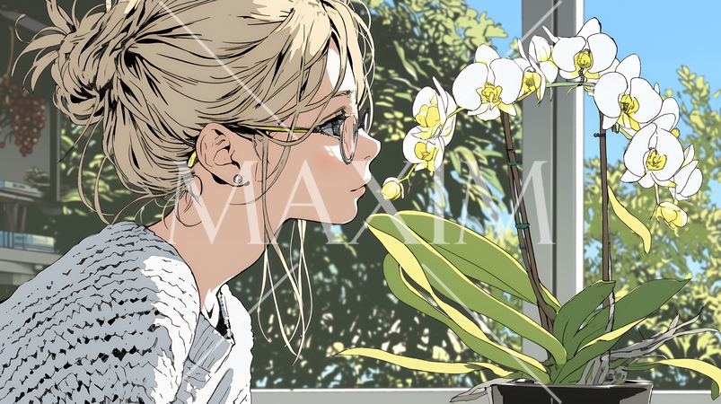 蘭の花と若い女性