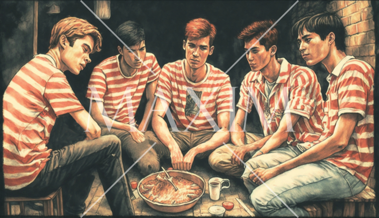 類をもって集まる：鍋バーティーの集まり。示し合わせること無く、全員が赤いボーダーシャツを着てた。