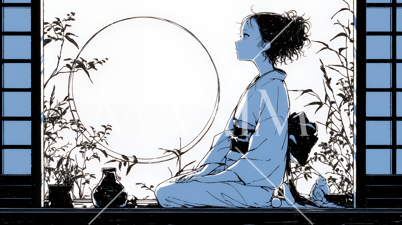 月見をしている和服姿の若い女性（シンプルな色使い）