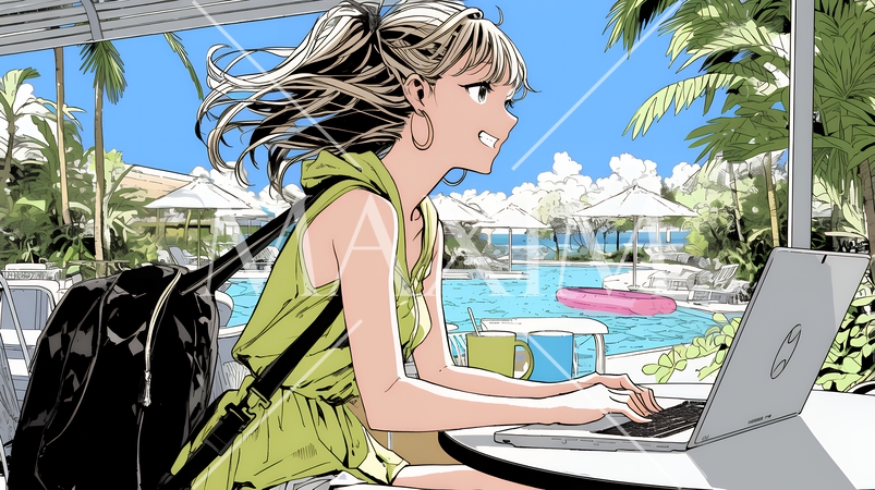 ワーケーション：休暇を楽しみながら仕事をしている女性