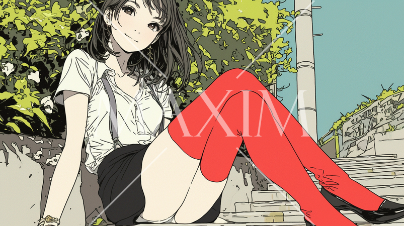 赤いストッキングをはいて道に座って男性を誘惑している若い女性