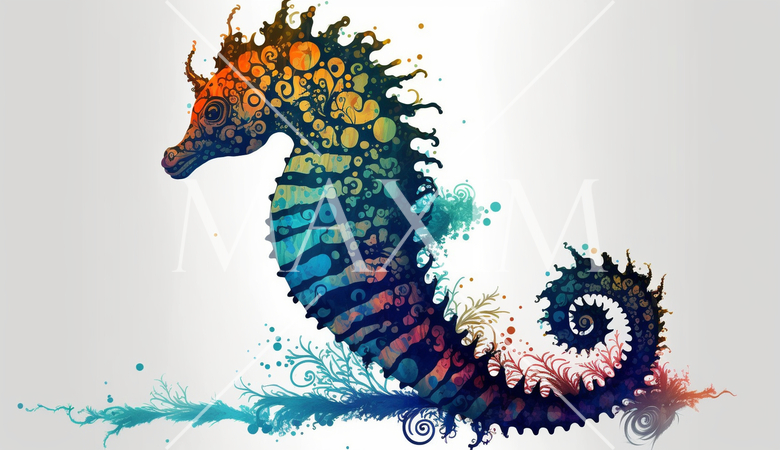 タツノオトシゴ：カラフルでサイケデリックでシュールレアリズム的な水彩画