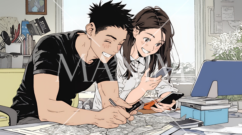 仲良く二人で旅行の計画を立てている若いカップル