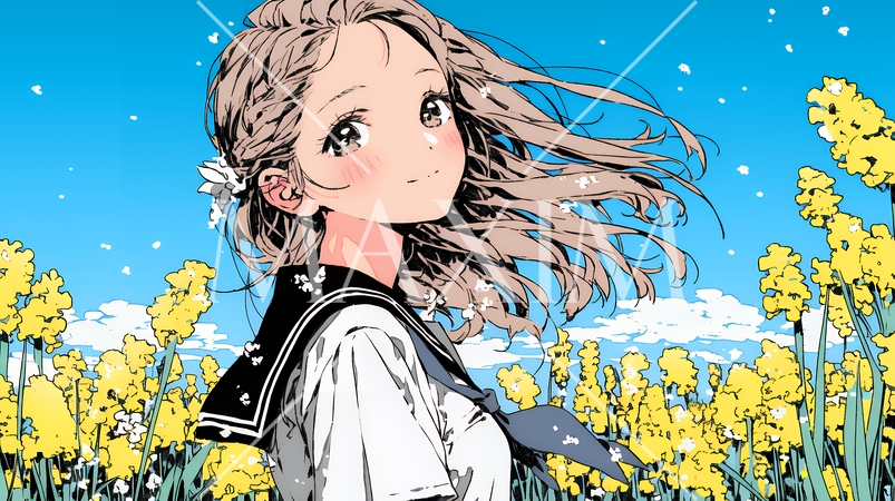 春風の中、菜の花畑にいる制服姿の女子高生