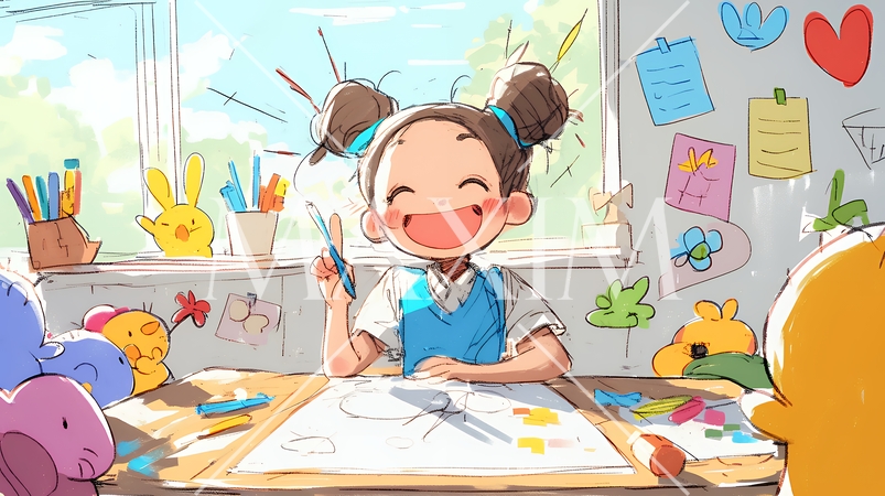 小学生の夏の思い出：お絵かき（クレヨン＋水彩画風）