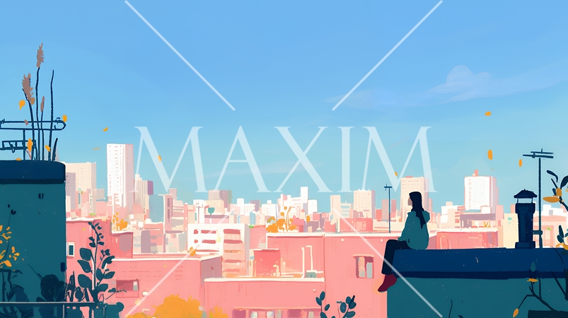 都市の町並みと青空（ポップでキュートな色使い）