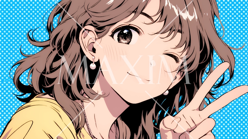 アイドルのように顔の横でピース＋ウィンクしている若い女性