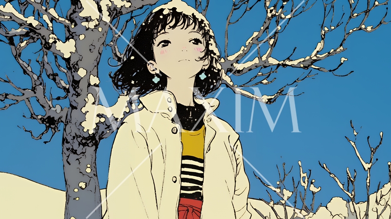 冬枯れの郊外の道を歩く若い女性