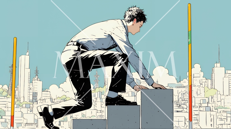 コンクリートブロックを積み上げているビジネスマン：計画の段階的積み重ねの比喩