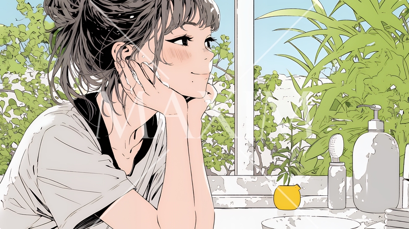 洗面所で朝の洗顔をする女性