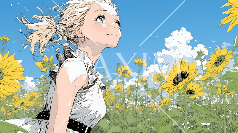 夏の晴天の日、ひまわりの畑を散策している若い女性