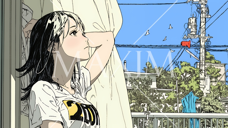 朝、カーテンを開けて天気を確認する若い女性