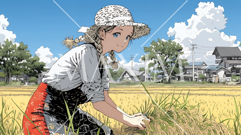 田んぼで農作業をしている女性