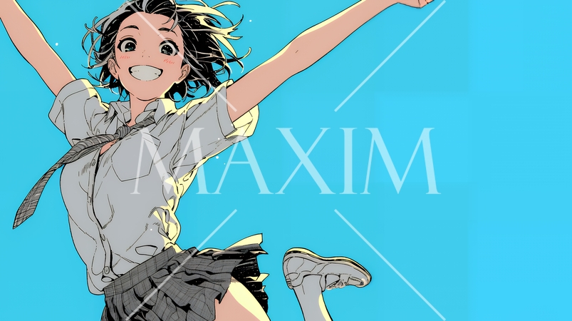 嬉しさのあまり飛び跳ねる制服姿の女子高生