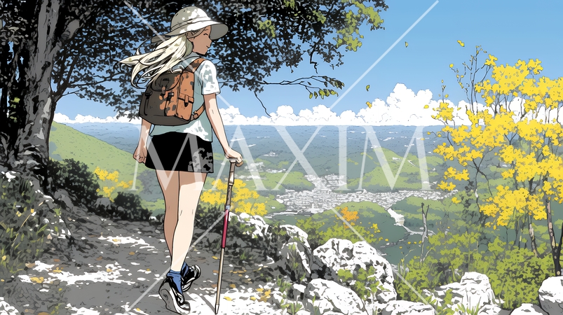 秋の野山をハイキングしている若い女性