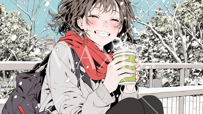 寒い冬、温かい飲み物を手にして、ふっと幸せそうに微笑む若い女性