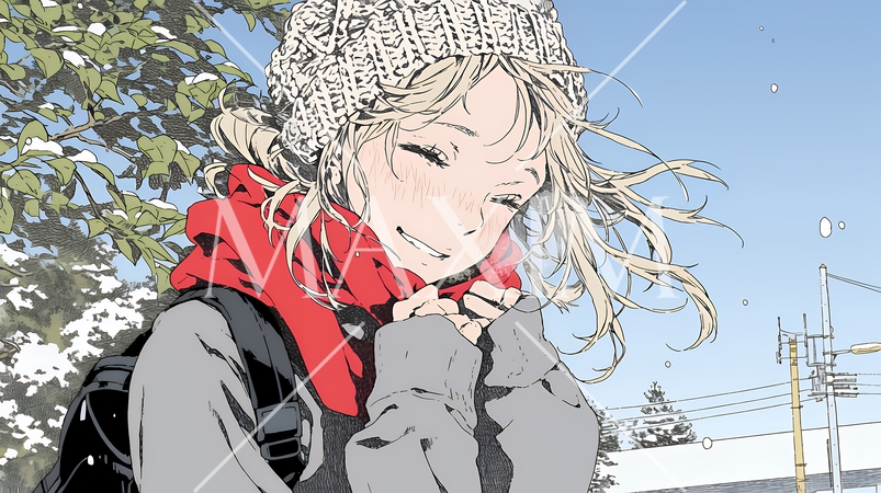 かじかんだ手に息を吹きかけて温めている若い女性