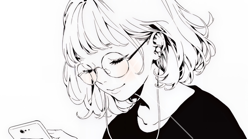 楽しそうにスマホ画面を眺めている若い女性（シンプルな色使い）