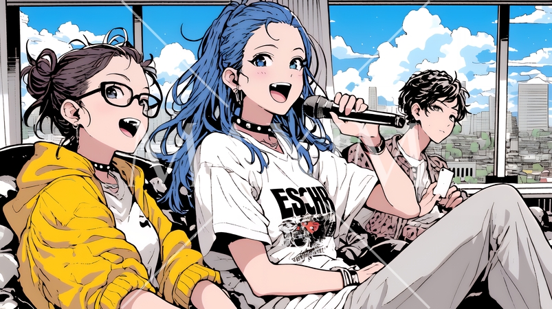 歌を熱唱している若い女性