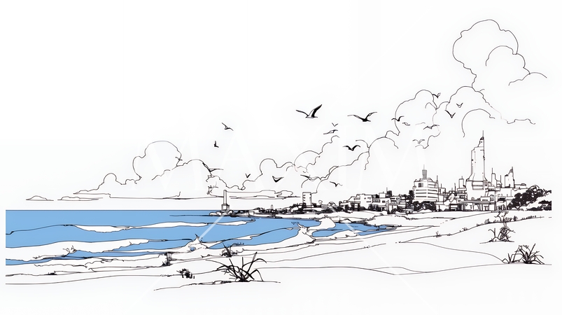 夏のビーチの風景（シンプルな色使い）