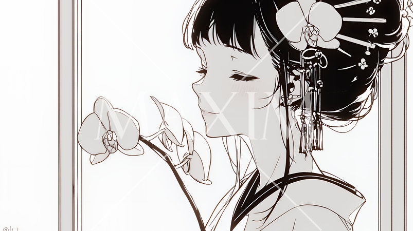 蘭の花と若い女性（シンプルな色使い）