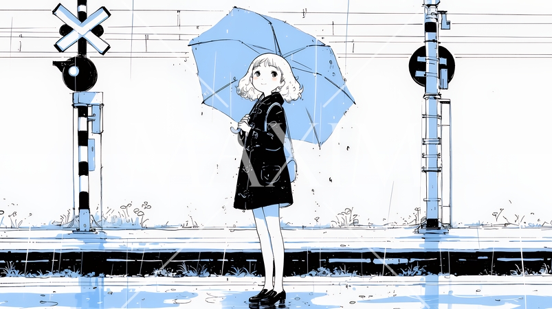 雨の日に傘をさして歩く若い女性（シンプルな色使い）