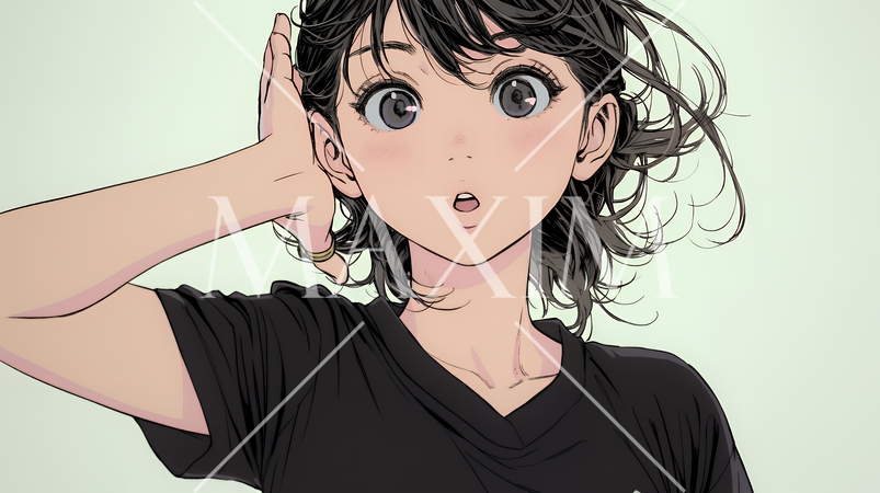 驚愕して息を呑み、目を見開いたまま口をぽかんとする若い女性