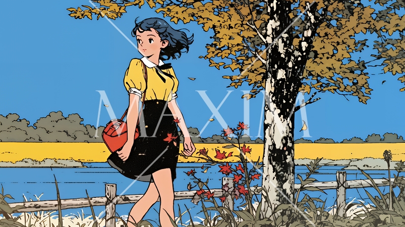 水辺の紅葉の小径を散策している若い女性