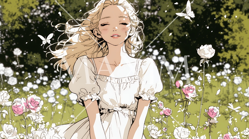 バラ園を散策している若い女性（シンプルな色使い）