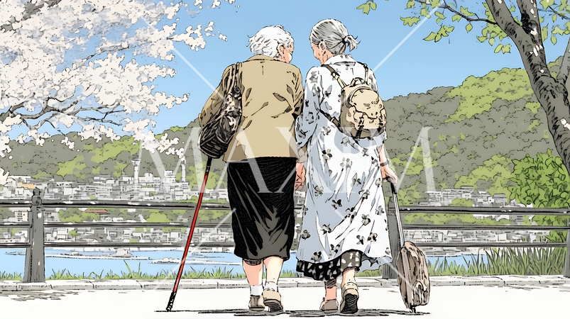 歳をとった二人の女性が連れ立って小旅行