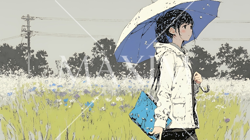 雨の中を傘をさして歩く若い女性