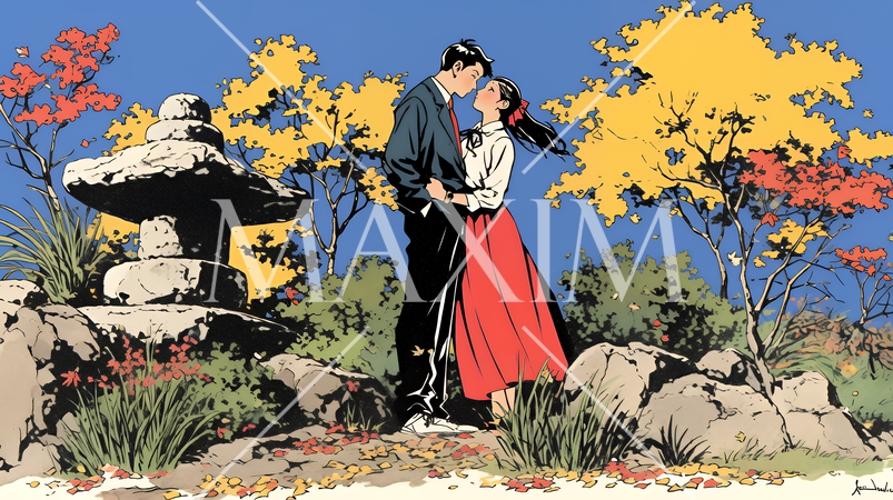 紅葉の公園でデートをしている若い男女のカップル