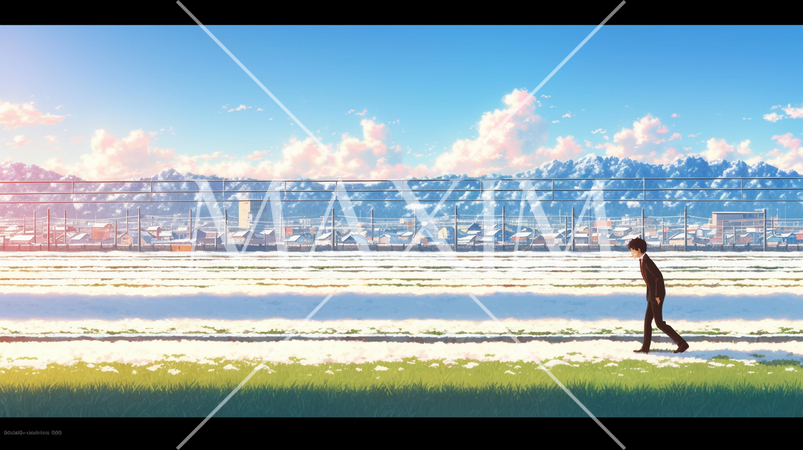 郊外の住宅地の朝に雪の積もる道を一人のスーツ姿の男が足早に歩いている