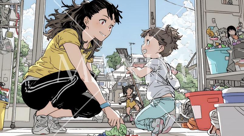 家の中で子どもと遊んでいる若い母親