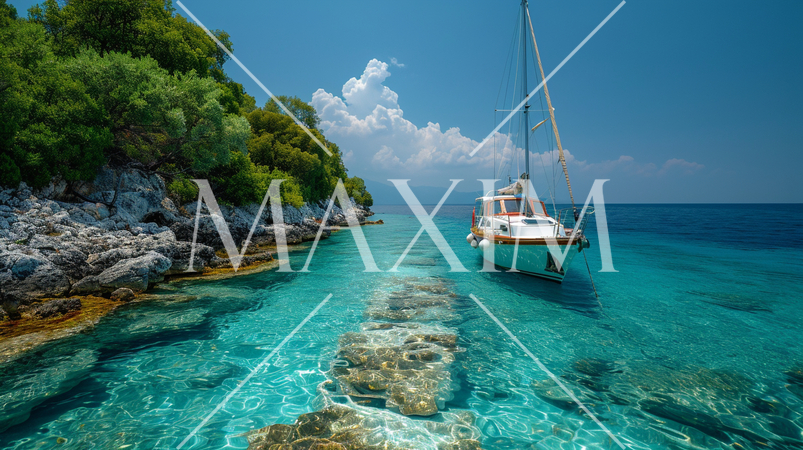 南洋の孤島とヨットと青い海と青い空：精緻CG