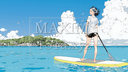 海でSUP（サップ）を楽しむ若い女性（ライフジャケットとリーシュコードの装着は必須だよ）｜爽やかなマリンスポーツ・夏のレジャーイラスト（イラストID:3866148-20472）
