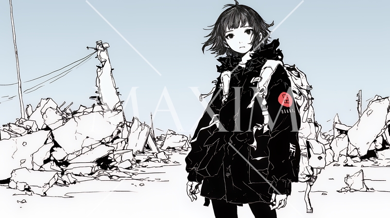 震災や空爆などで破壊された街で孤独に立ちすくむ若い女性（シンプルな色合い）