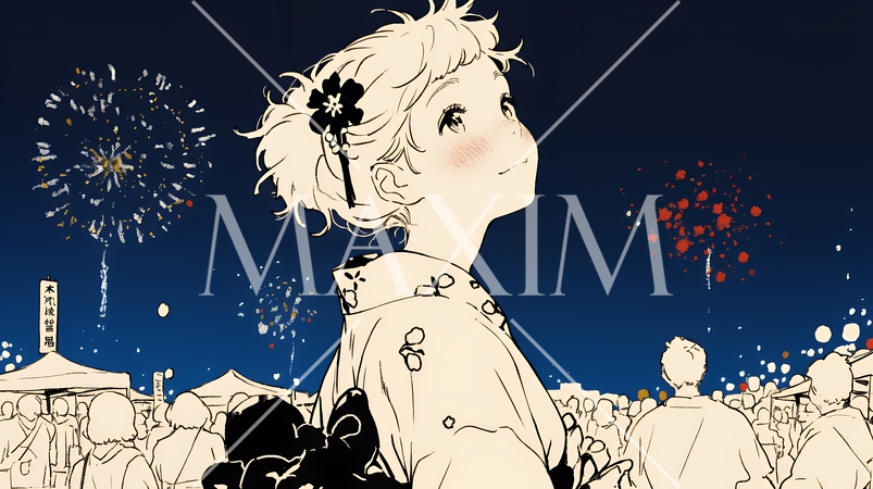 打ち上げ花火を見ている浴衣を着た若い女性（シンプルな色使い）