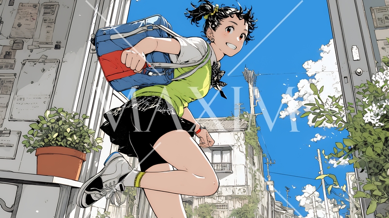 学校に遅れそうで道を急いでいる女子高生