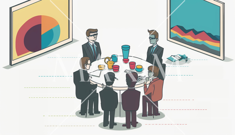 ビジネスストラテジー会議を開いている様子：戦略会議、企業のビジョン設定。