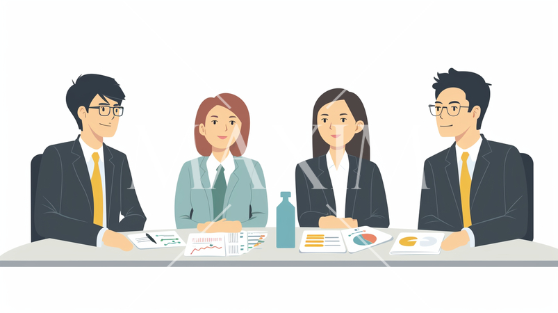 ビジネス戦略会議：競合分析、市場戦略の議論。