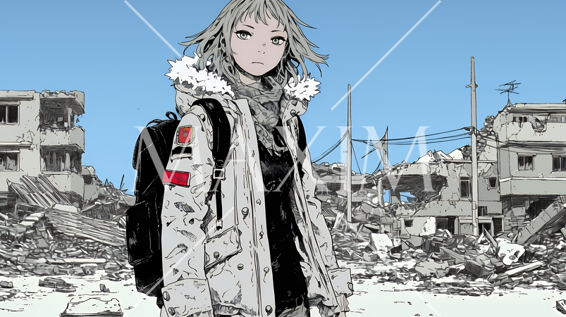 震災や空爆などで破壊された街で孤独に立ちすくむ若い女性