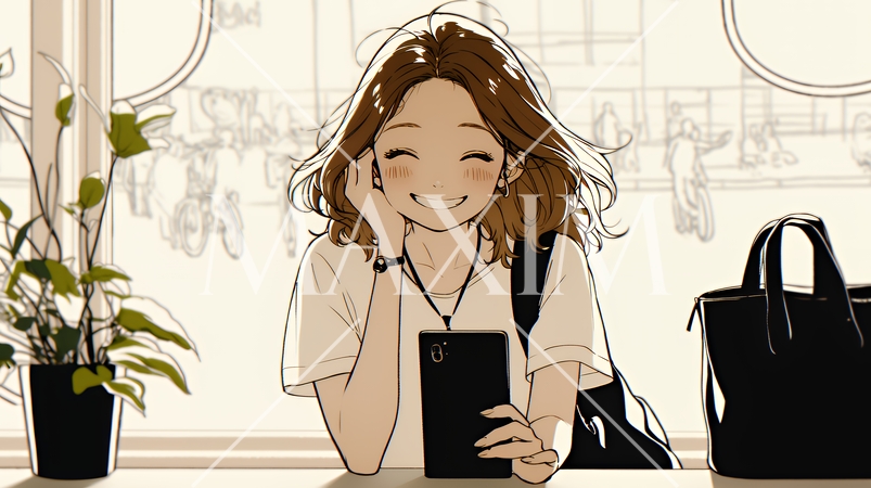 嬉しそうな表情でスマホを使っている女性（シンプルな色使い）