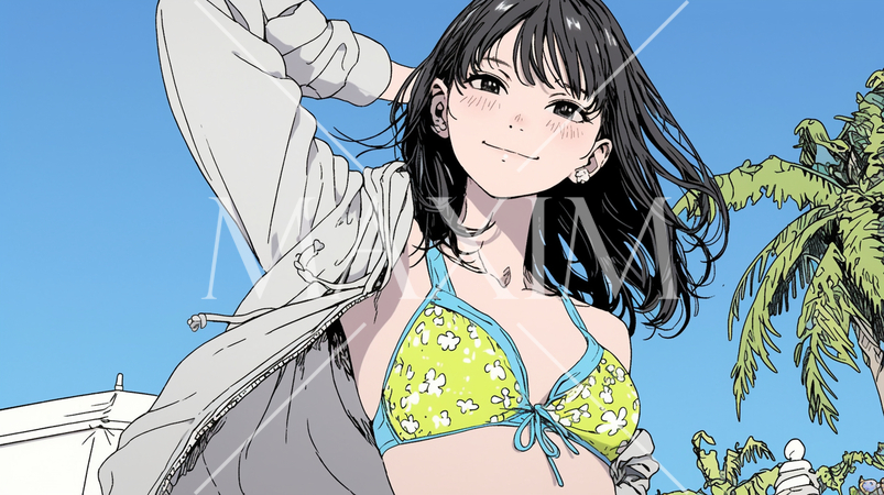 南国の海岸にビキニ姿でいる若い女性