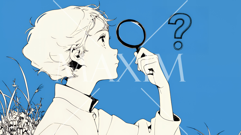 クエスチョンマークのある場面：頭の中にクエスチョンマークが生まれている（シンプルな色使い）