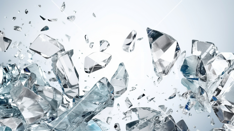 ガラスが割れて飛び散っている-白背景画像：精緻CG画像